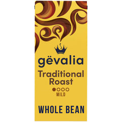 Gevalia Mild Roast Whole Bean Coffee bag ready for home brewing and aroma-rich cups