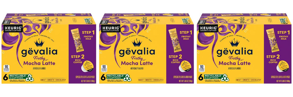 Gevalia mocha latte K-Cup pods on box for quick home brewing