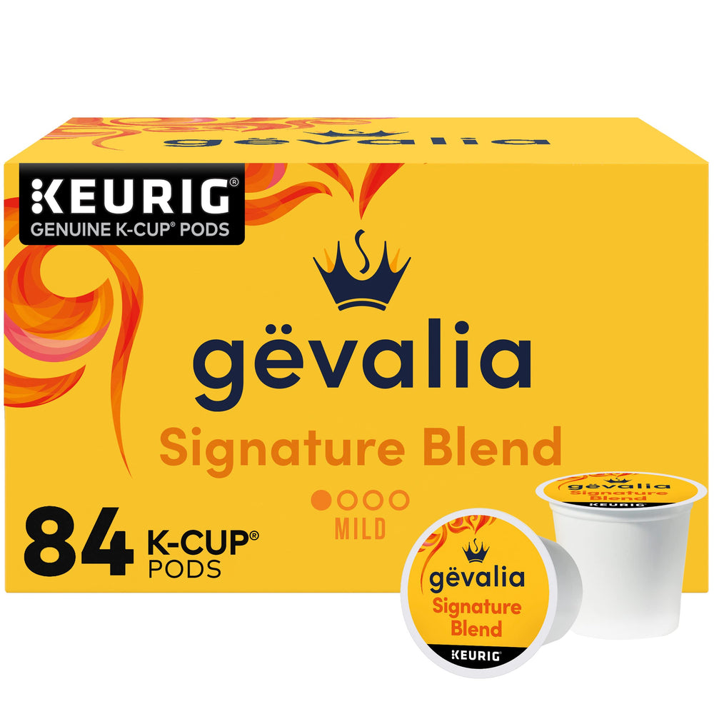 Gevalia Signature Blend light roast K-Cup box on counter for convenient mornings.