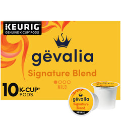 Gevalia Signature Blend Mild Roast K-Cup pods with rich aroma for Keurig brewers.