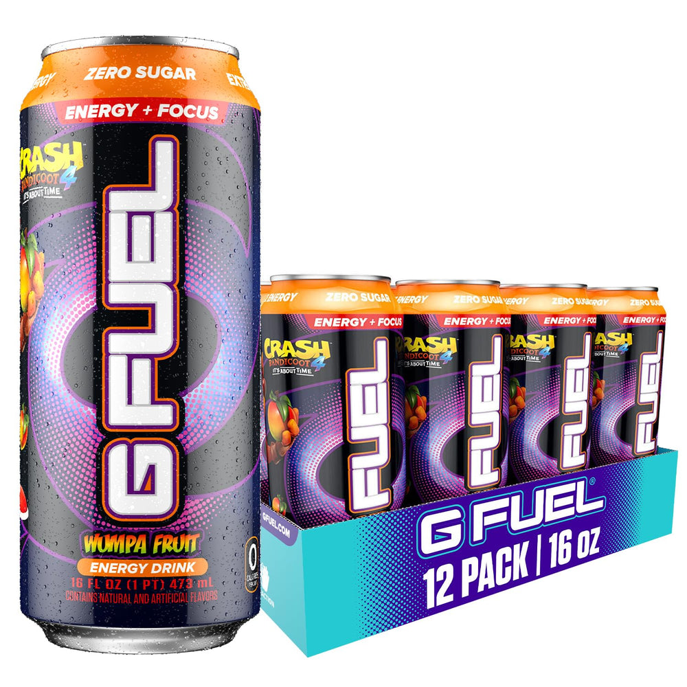 G Fuel Apple Mango Crash Bandicoot can, crisp flavor and focus-friendly energy for gaming sessions.