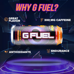 G Fuel Apple Mango can pour, bubbles rising as a refreshing energy drink is dispensed.