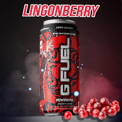G Fuel Lingonberry 16oz can side label shows zero sugar.