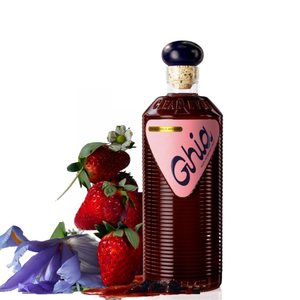 Ghia Berry Aperitif bottle on display; vegan and non-alcoholic option for Mediterranean gatherings.