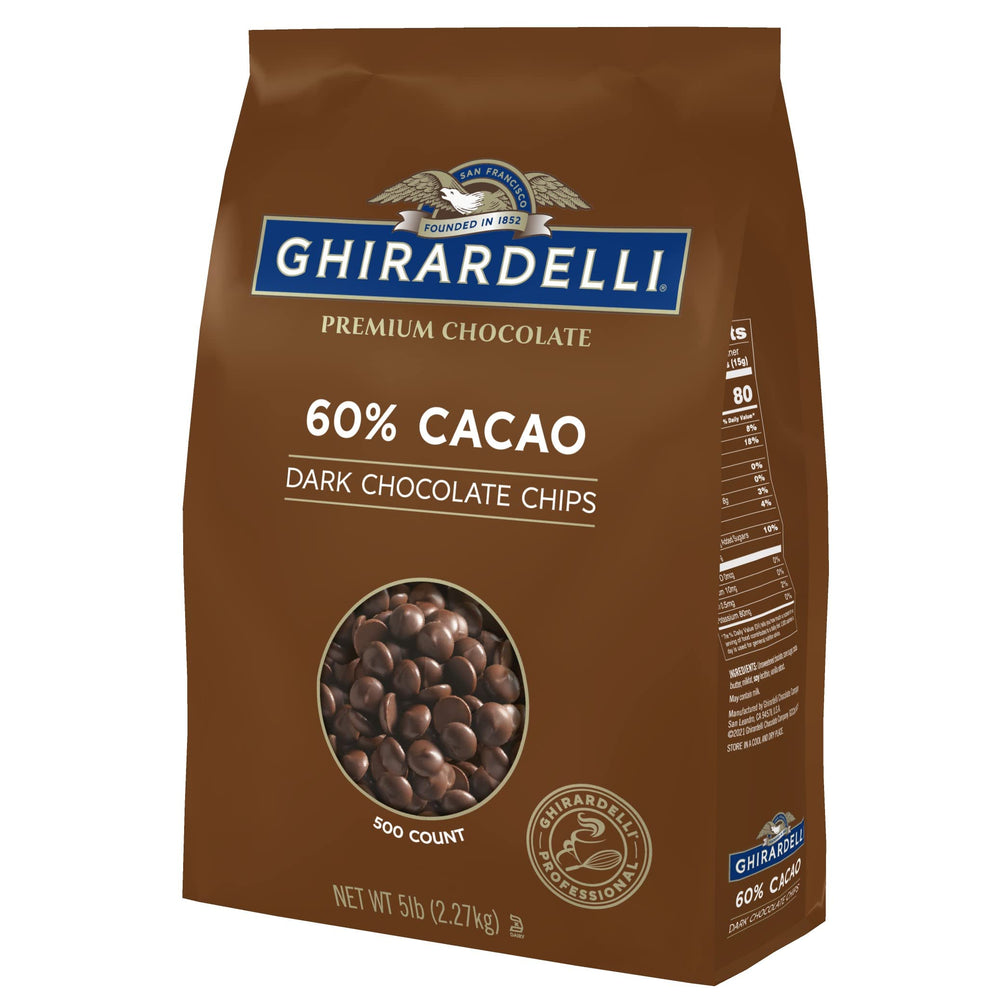 Ghirardelli 60 percent cacao dark chocolate chips in a 5 lb bag front view, ideal for premium baking