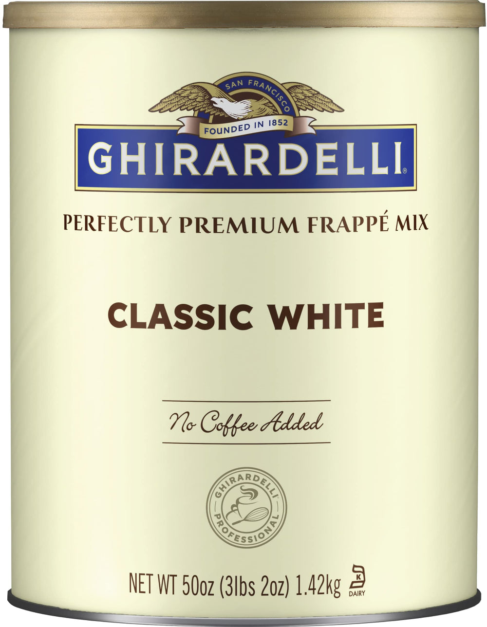 Ghirardelli Classic White beverage mix can for creamy frappes at home