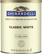 Ghirardelli Classic White beverage mix can for creamy frappes at home
