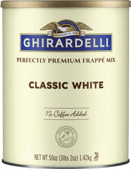 Ghirardelli Classic White beverage mix can for creamy frappes at home