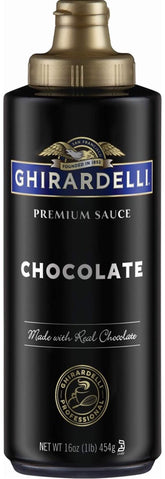 Ghirardelli Black Label chocolate sauce bottle pouring for rich dessert flavor.