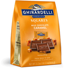 Ghirardelli caramel-filled milk chocolate squares showcase creamy centers and crispy waffle cone texture.