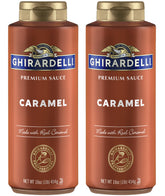 Ghirardelli Caramel Sauce bottle pour highlights rich flavor for espresso and desserts
