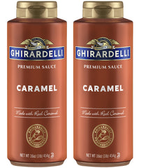 Ghirardelli Caramel Sauce bottle pour highlights rich flavor for espresso and desserts