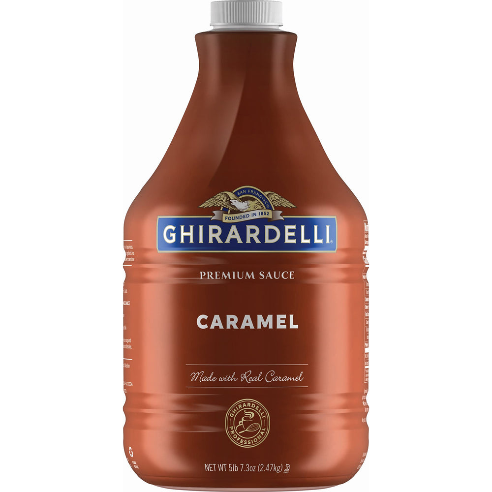 Ghirardelli caramel sauce pump bottle pour, silky texture for beverages.