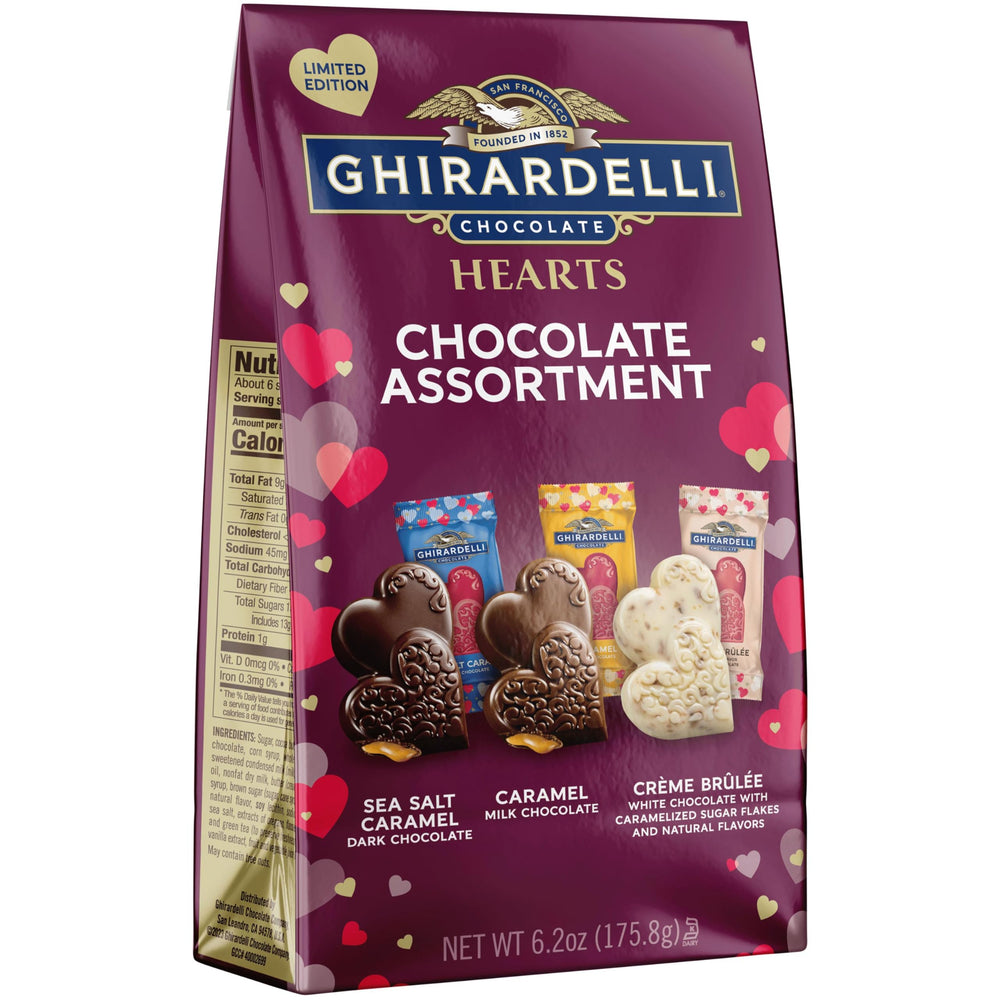 Ghirardelli Chocolate Hearts bag front, ideal for gifting with gift-ready packaging.