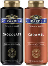 Ghirardelli Chocolate Sauce bottle pour highlights rich chocolate topping for drinks.