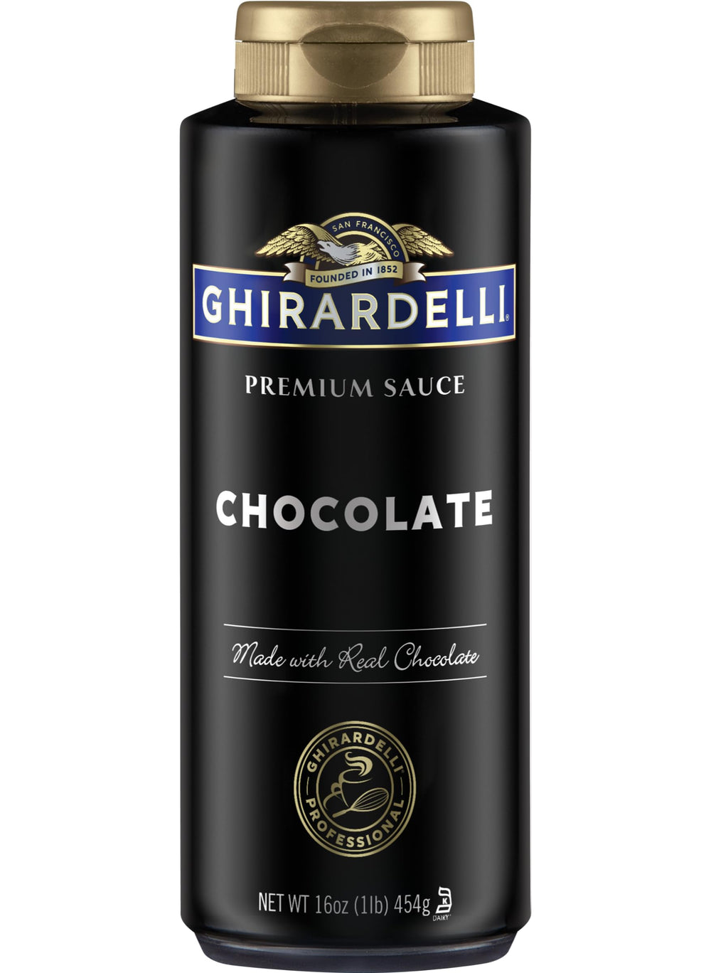 Ghirardelli chocolate sauce bottle pouring into coffee for rich flavor.
