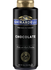 Ghirardelli chocolate sauce bottle pouring into coffee for rich flavor.