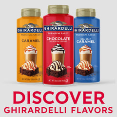Ghirardelli chocolate sauce being poured onto coffee for rich flavor.