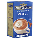 Ghirardelli Classic Hot Cocoa packets ready to mix for creamy cocoa.