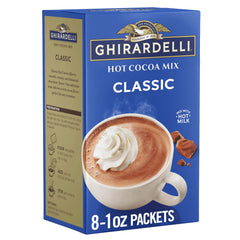 Ghirardelli Classic Hot Cocoa packets ready to mix for creamy cocoa.