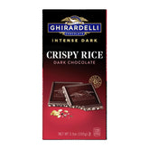 Ghirardelli Crispy Rice bar packaging highlights premium cacao and crisp texture for an indulgent treat.