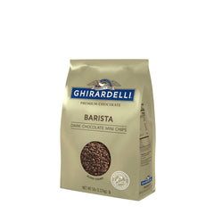 Ghirardelli dark chocolate mini chips closeup for barista beverages.