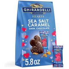 Ghirardelli dark chocolate sea salt caramel hearts in a gift-ready package