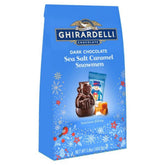 Ghirardelli dark chocolate sea salt caramel snowmen in a 5.8 oz bag, perfect for gifting.