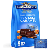 Ghirardelli dark chocolate sea salt caramel square close-up for premium snacking.