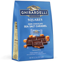 GHIRARDELLI dark chocolate sea salt caramel squares bag showing premium snacking on the go