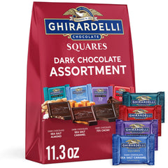 Ghirardelli Dark Chocolate Squares Assortment bag shows premium, indulgent texture for sharing.