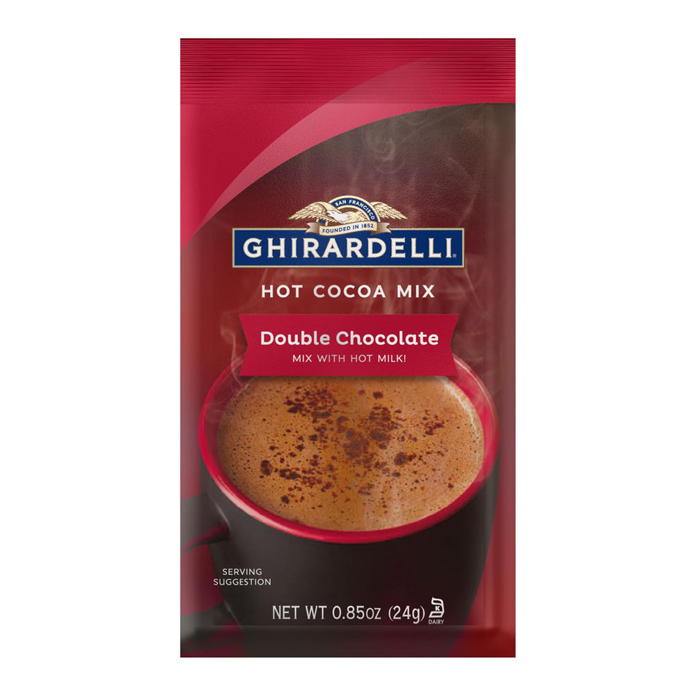 Ghirardelli Double Chocolate Hot Cocoa Packets ready to brew a rich cup.