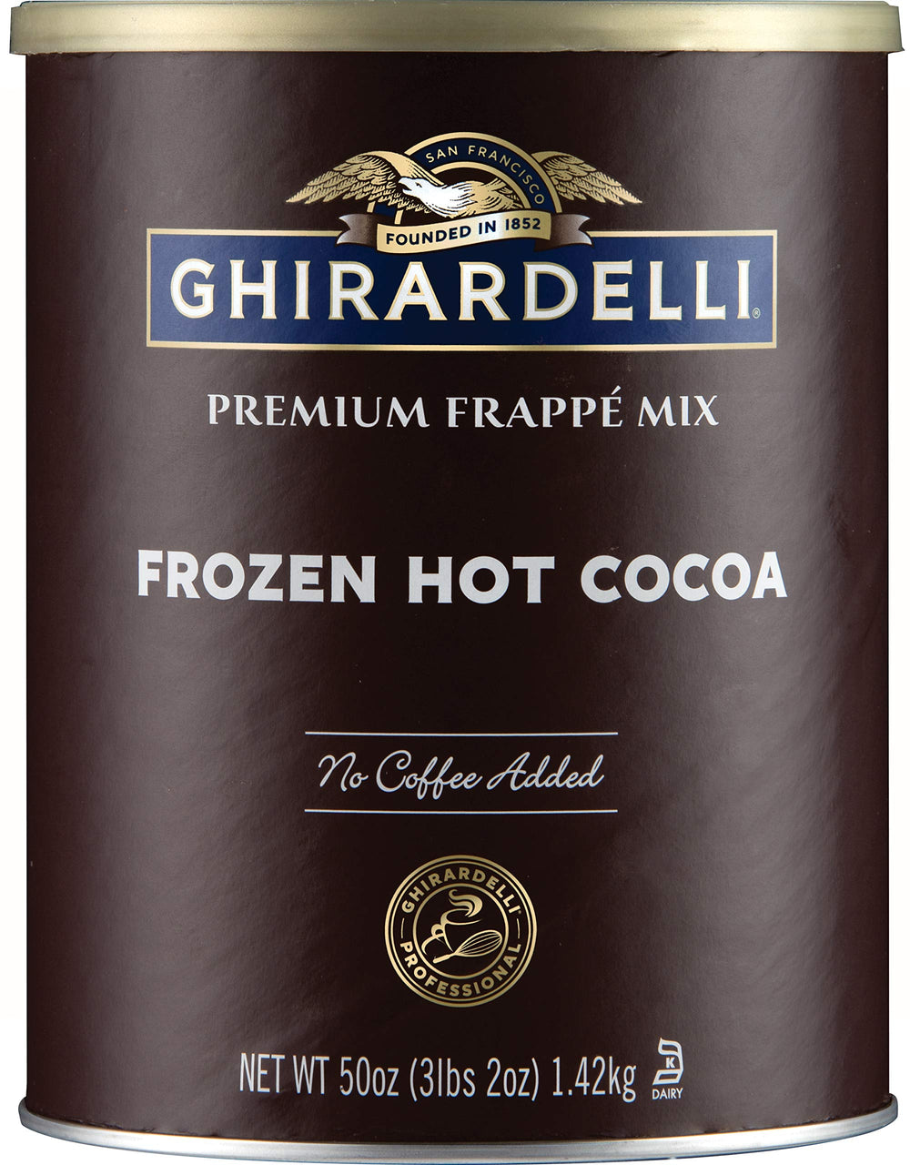 Ghirardelli Frozen Hot Cocoa can front — rich, indulgent frozen drink base.