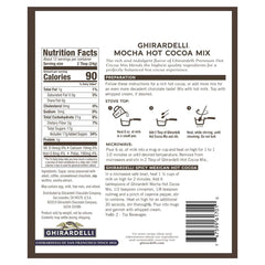 Ghirardelli hot cocoa mocha powder closeup highlights rich chocolate texture for cozy servings.