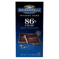 GHIRARDELLI Intense Dark 86% bar front view, glossy surface ideal for mindful savoring.