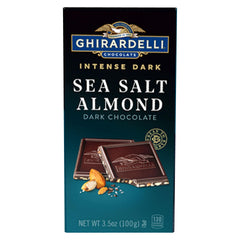 Ghirardelli Intense Dark Sea Salt Almond bar showcases bold flavor with crunchy almonds.