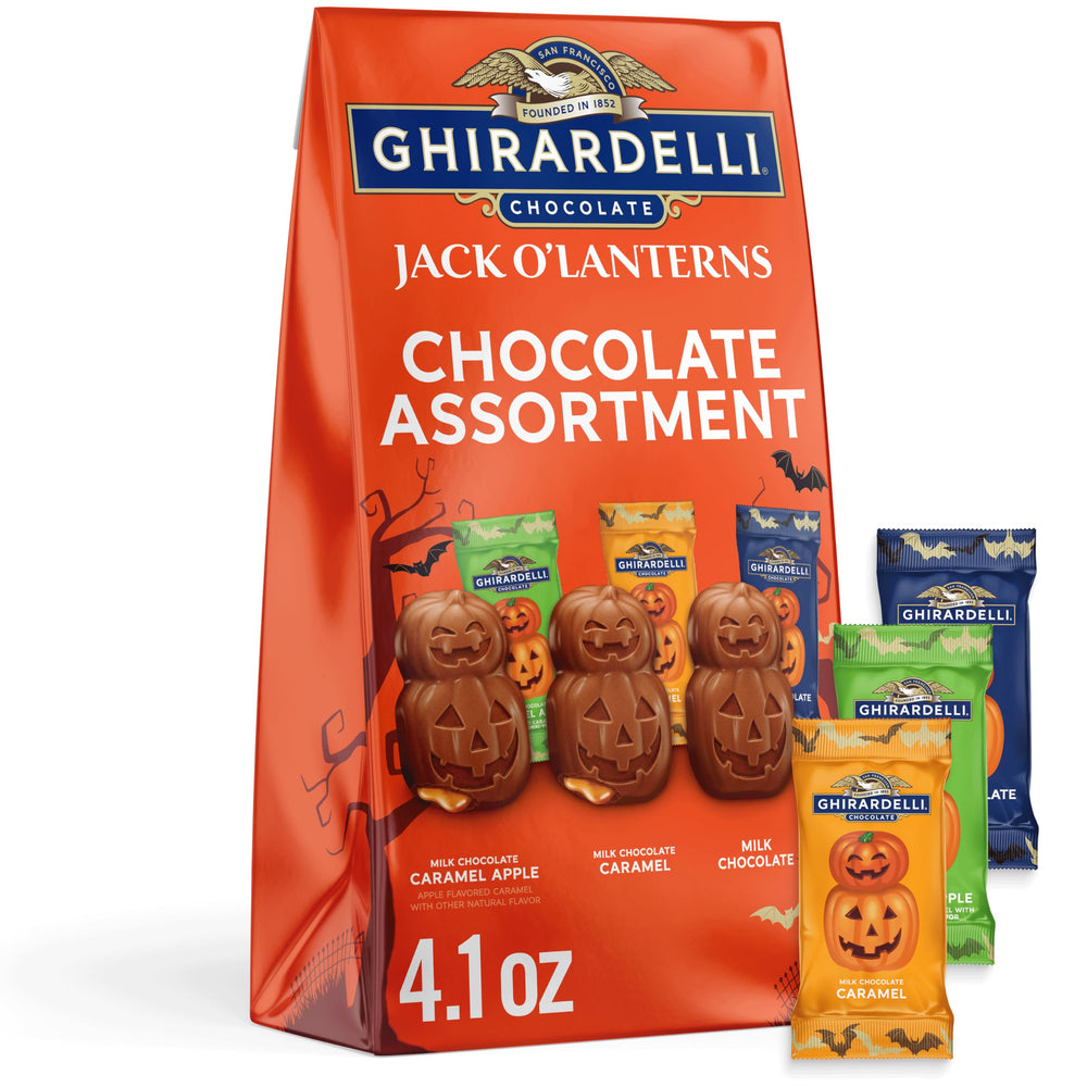 Ghirardelli Jack O’ Lanterns in bag, ideal for Halloween candy bowls.
