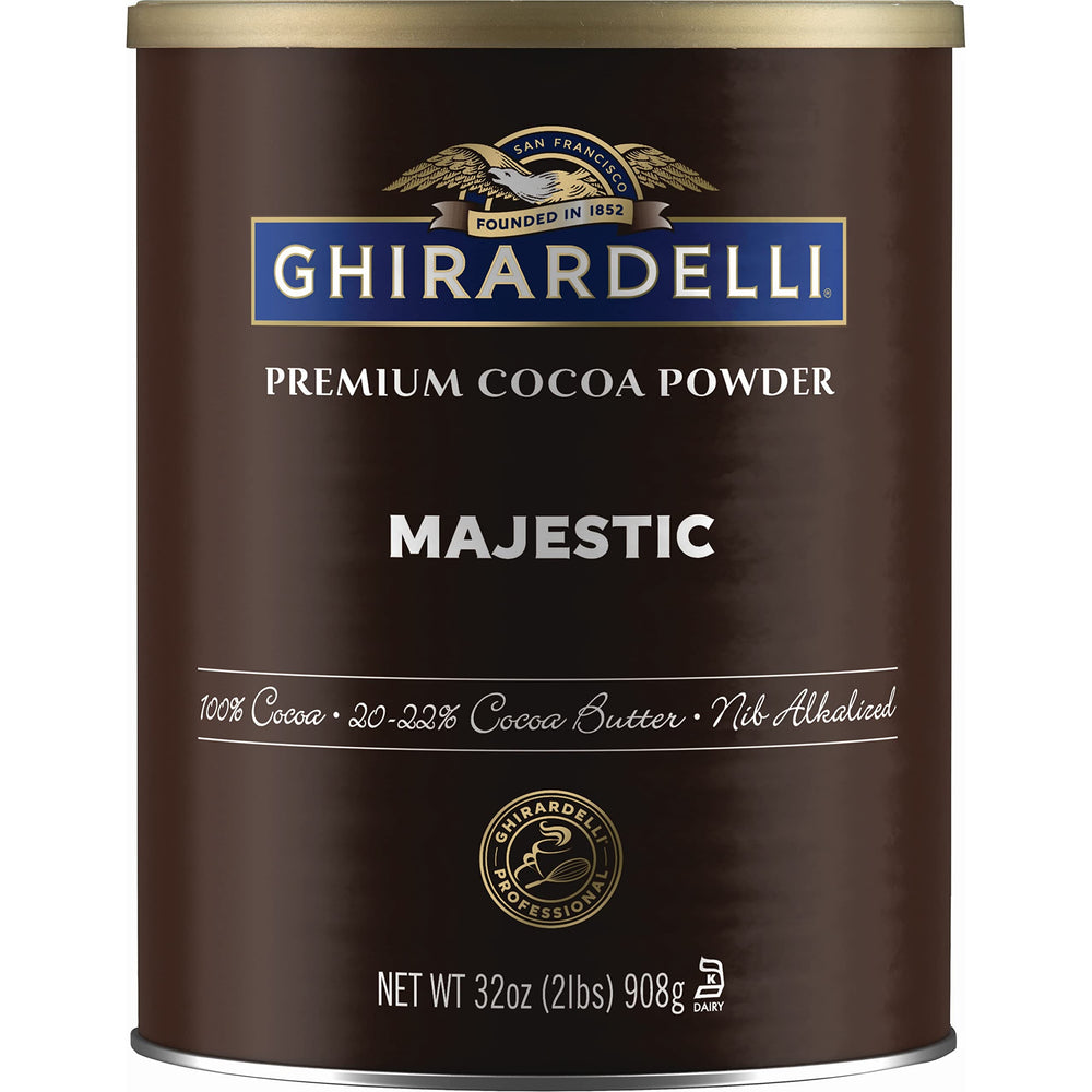 Ghirardelli Majestic Dutch Processed Cocoa Powder front packaging for premium unsweetened baking cocoa.