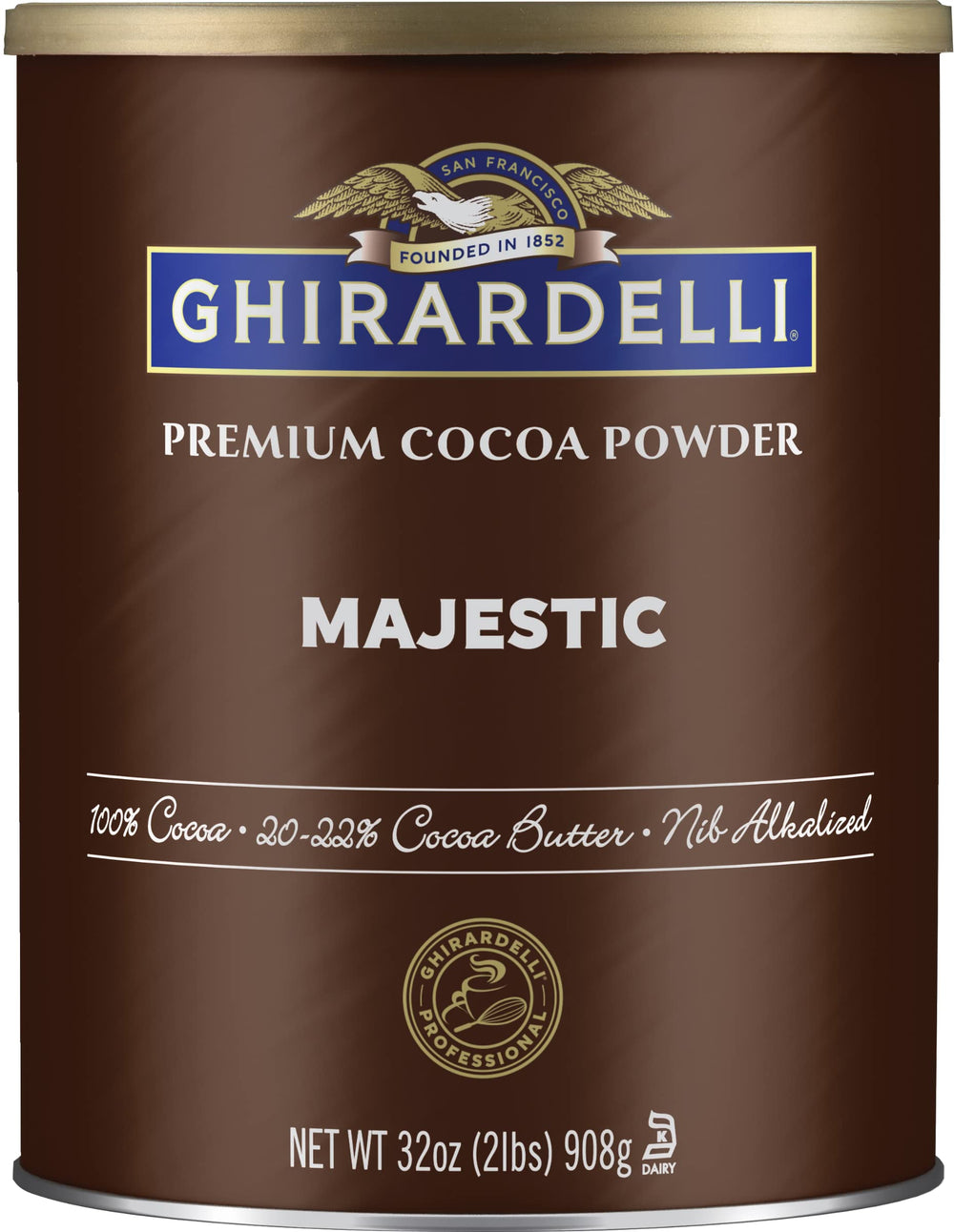 Ghirardelli Majestic Premium Cocoa Powder can front view for premium baking