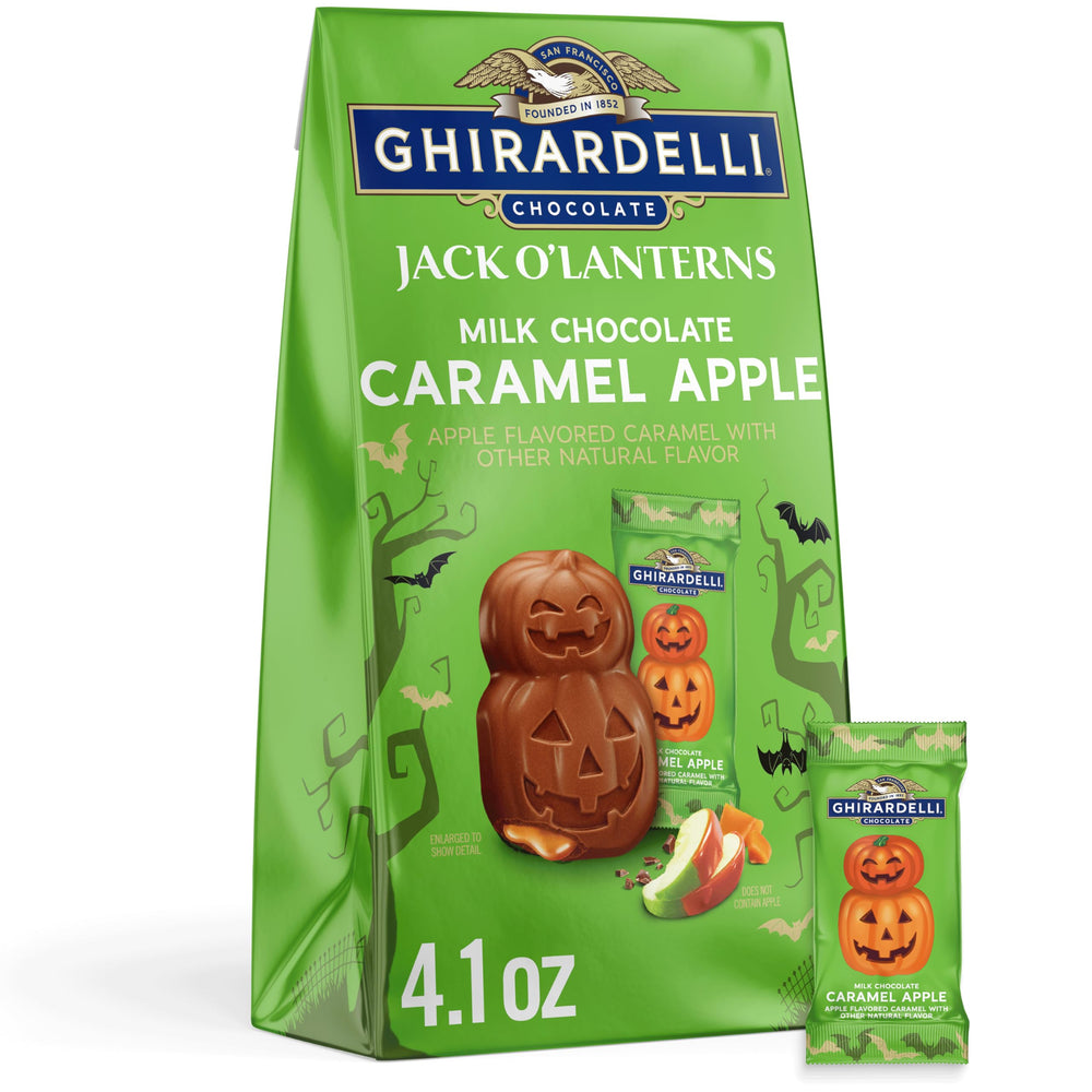 Ghirardelli Milk Chocolate Caramel Apple Jack O' Lanterns package close-up for festive Halloween snacking