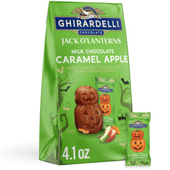 Ghirardelli Milk Chocolate Caramel Apple Jack O' Lanterns package close-up for festive Halloween snacking