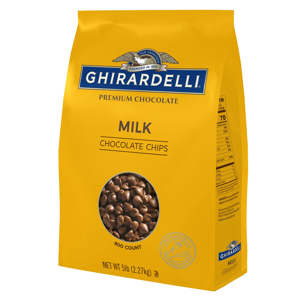 Ghirardelli milk chocolate chips in a 5 lb bag for baking