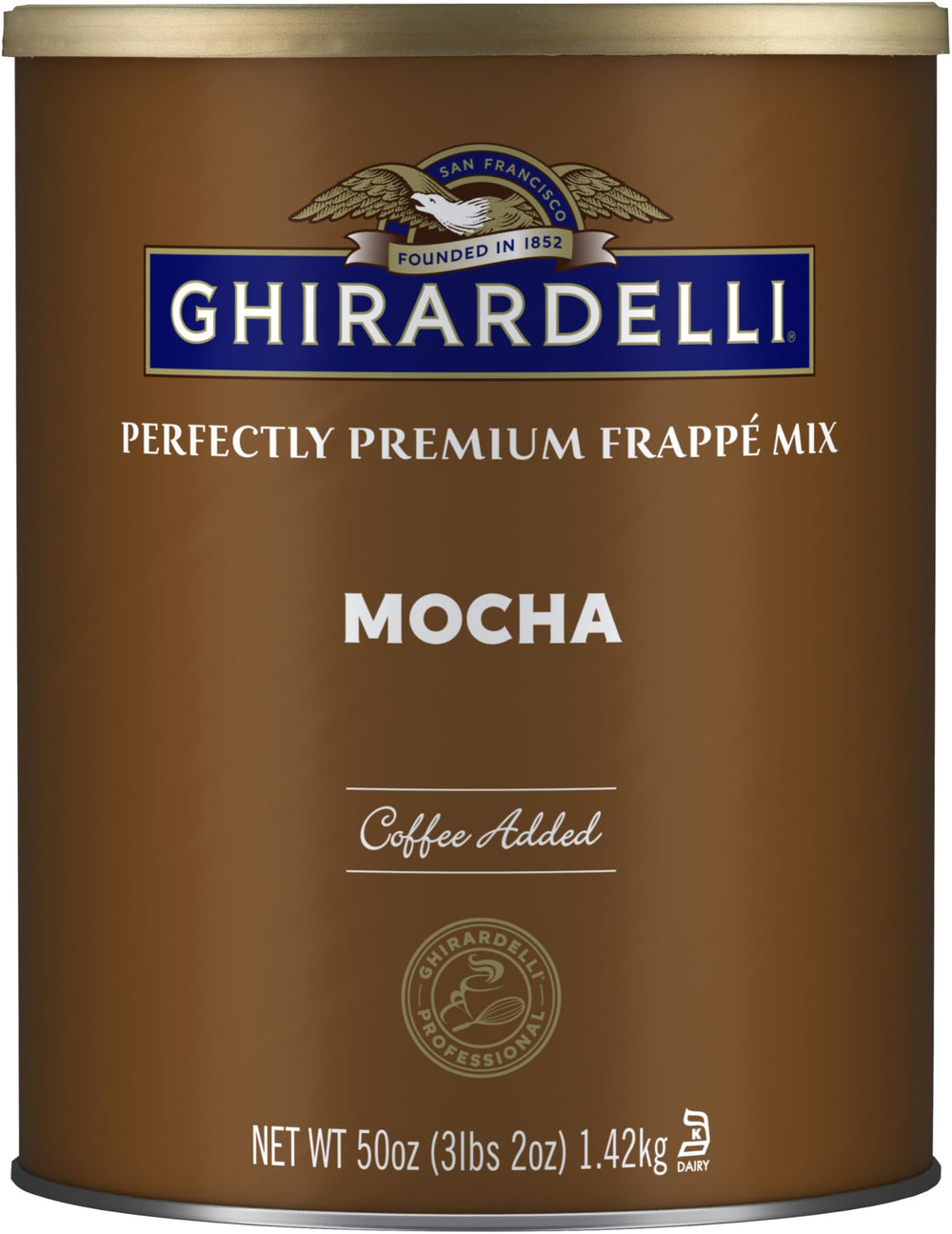 Ghirardelli Mocha Frappe powder can for premium iced coffee base