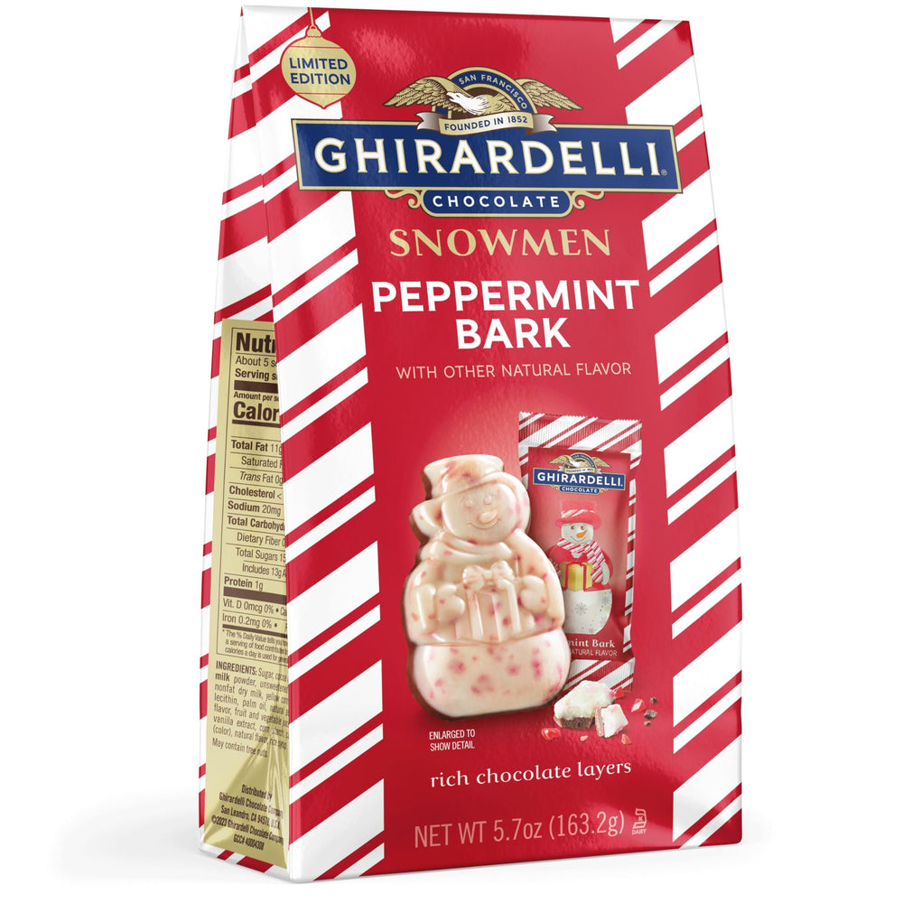 Ghirardelli Peppermint Bark Snowmen packaging showcasing festive holiday appeal and gift-ready presentation.