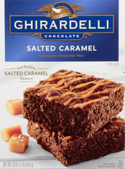 Ghirardelli Salted Caramel Premium Brownie Mix measuring cups scene suggests simple prep