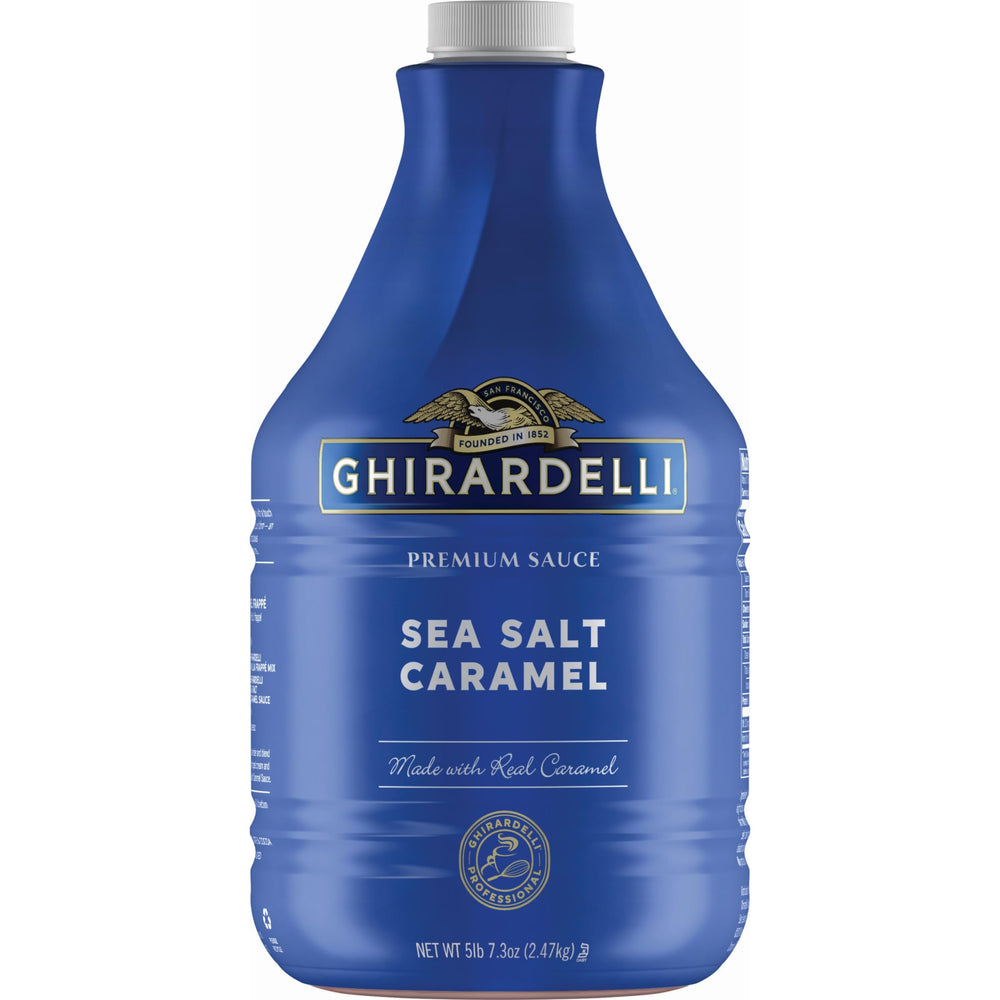 Ghirardelli Sea Salt Caramel Sauce pump bottle front view for easy dessert topping.