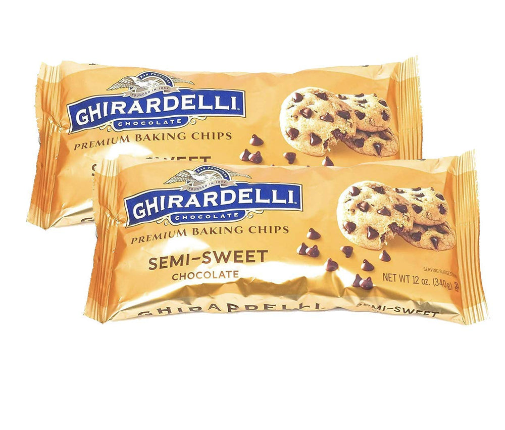 Ghirardelli semi sweet baking chips in a 12 oz bag, ideal for cookies and brownies.