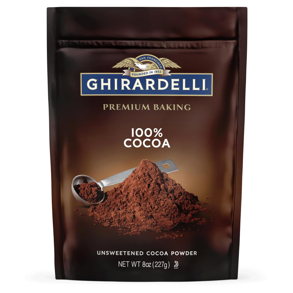 Ghirardelli unsweetened cocoa pouch eight-ounce, ideal for rich baking results.