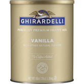 Ghirardelli Vanilla Frappé Mix packaging on shelf, ideal for at-home cafe drinks.