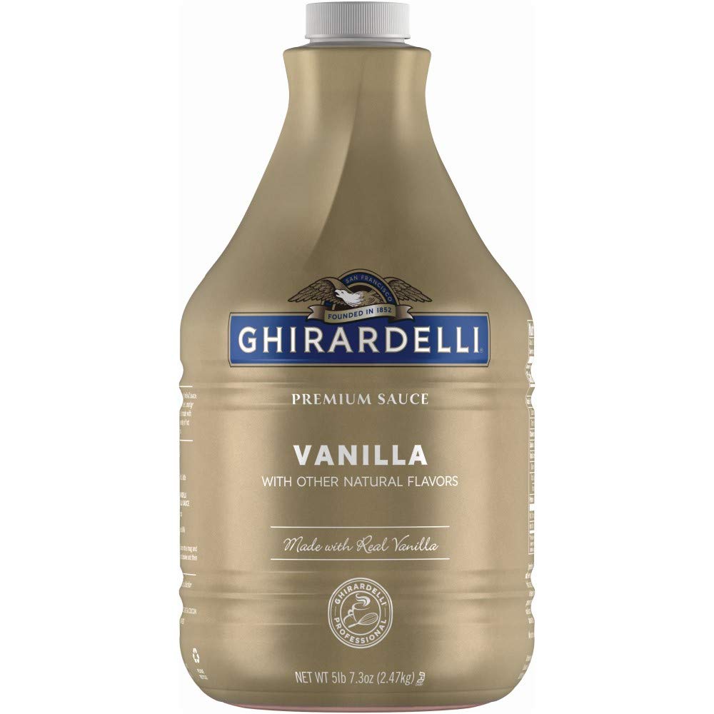 Ghirardelli Vanilla Sauce Pump Bottle front view for rich vanilla mochas.